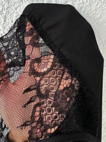 SHEIN LUNE Plus Size Women T-Shirt With Mesh & Lace Trim, Casual Fashionable Design Suitable For Summer - Black - View 7
