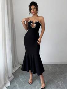 Elenzga Women's Rhinestone Decor Strapless Hollow-Out Fishtail Hem Elegant Dress - Black - View 3