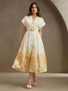 Anewsta Vestido elegante de festival para mujer, diseño de cuello con estampado floral, vestido camisa con cinturón de una sola hilera para fiestas, citas, primavera y verano