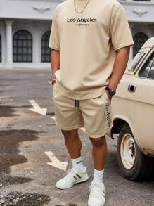 Manfinity Hypemode 2pcs Standard Men Khaki Color T-Shirt And Shorts Set, Minimalist Letter Design And Drawstring - Khaki - View 9