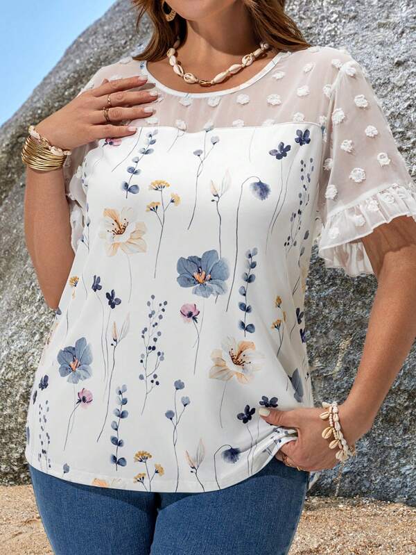 EMERY ROSE Plus Size Women Floral Print Splice Casual Holiday Blouse Island Vacation Spring Outfits For Women Summer Outfits For Women Beach Outfits For Woman Women Summer Clothes