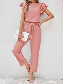 SHEIN Clasi 2pcs Women's Ruffle Collar Short Sleeve Blouse And Detachable Waist Belt Long Pants Set