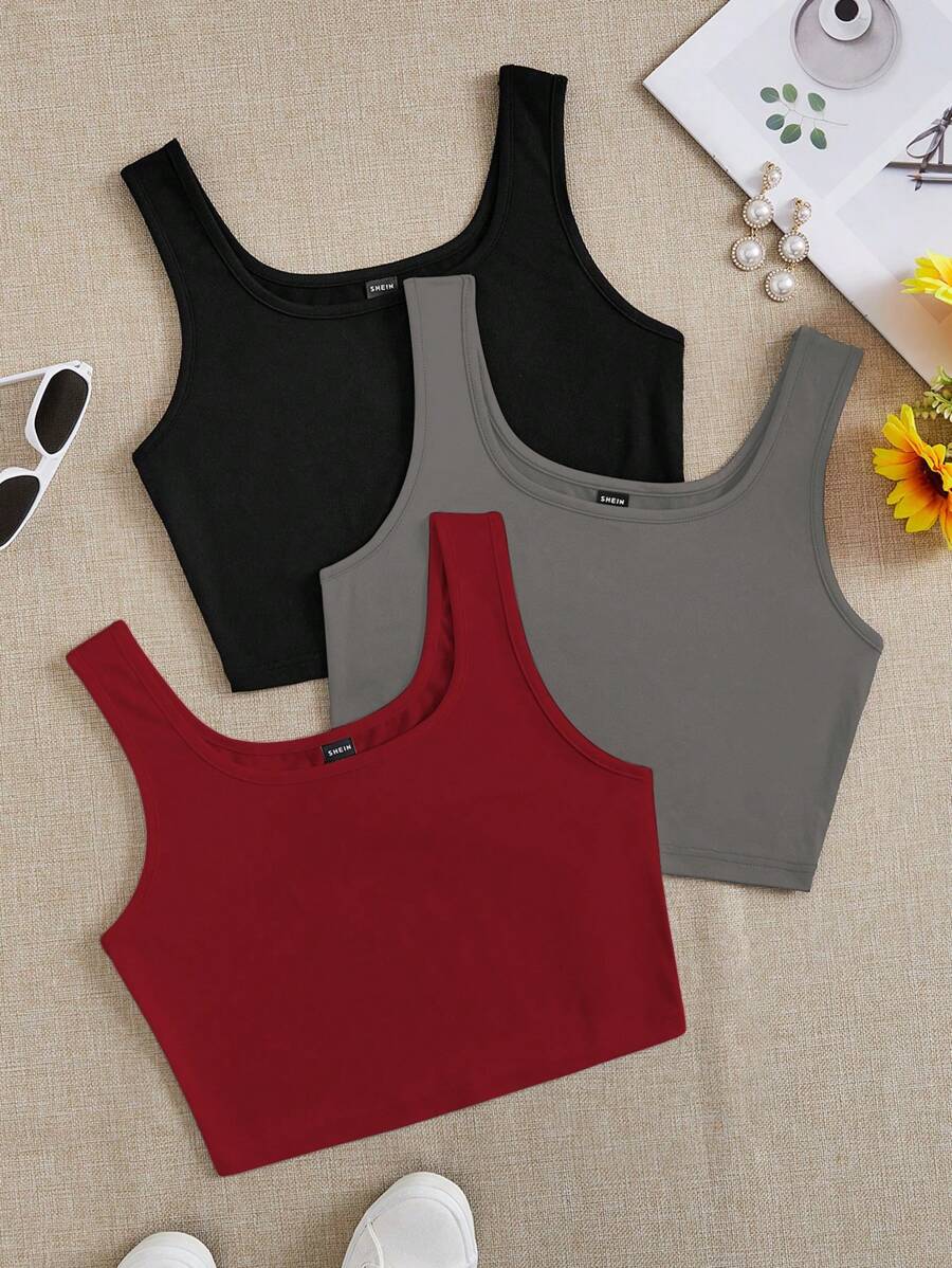 SHEIN EZwear 3 件套女士黑色/红色/灰色超短修身休闲背心，适合夏季 - 彩色 - 查看 1