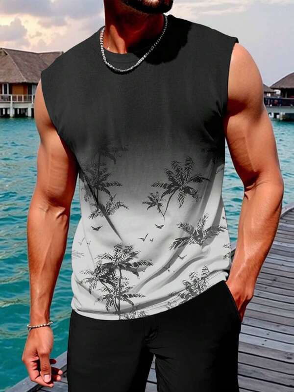 Manfinity RSRT Men's Casual Palm Tree Print Round Neck Versatile Tank Top Summer Men Clothes Men Summer Tops