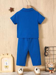 2pcs Baby Boy Solid Color Short Sleeve Top And Long Pants Set - Blue - View 2