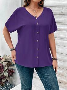 Rosumi Plus Size Women's Orange Button Embellished Short Sleeve Shirt For Spring Purple - Purple - View 7