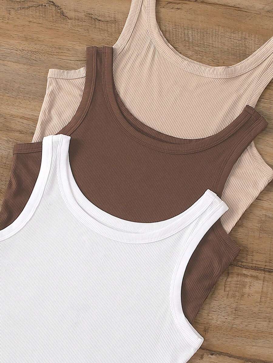 INAWLY 3pcs Women Ribbed Round Neck Sleeveless Casual Camisole - Multicolor - View 1