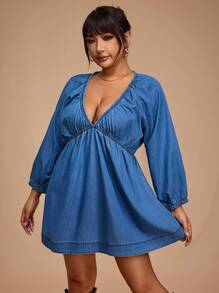 Forever 21 New Summer V-Neck Loose A-Line Casual Comfortable Resort Beach Plus Size Women Denim Dress - Baby Blue - View 5