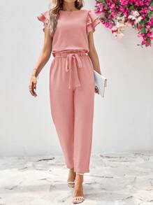 SHEIN Clasi 2pcs Women's Ruffle Collar Short Sleeve Blouse And Detachable Waist Belt Long Pants Set