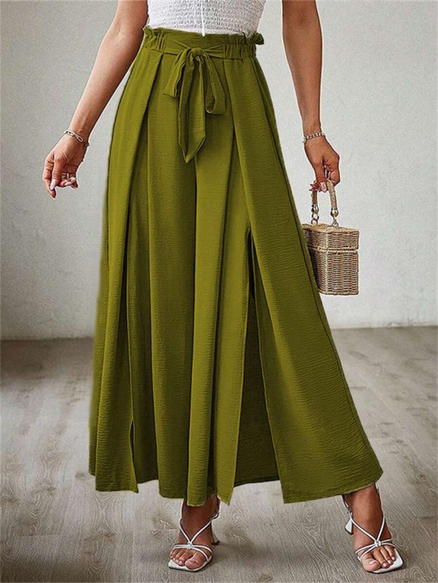 Breezaya Women's Textured Fabric Waist Tie Pants - Army Green - View 1