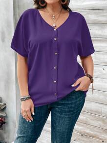 Rosumi Plus Size Women's Orange Button Embellished Short Sleeve Shirt For Spring Purple - Purple - View 3