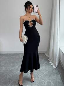 Elenzga Women's Rhinestone Decor Strapless Hollow-Out Fishtail Hem Elegant Dress - Black - View 7