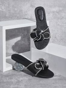 SHUZIA Women Slip-On Bow Decor Open Toe Everyday Cute Basic Raffia Black Sandals Spring Shoes Spring Break Easter - Black - View 2