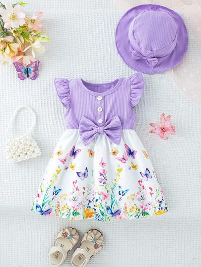 SHEIN 女婴夏季新款花卉印花圆领盖袖仿门襟 A 字腰带连衣裙，甜美乡村风格 + 配套渔夫帽，夏季甜美时尚连衣裙套装