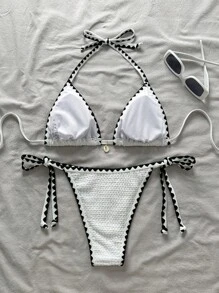 Swim Mod Women's 2pcs Summer Beach Contrast Trim Halter Bikini Set Clothes - White - View 2