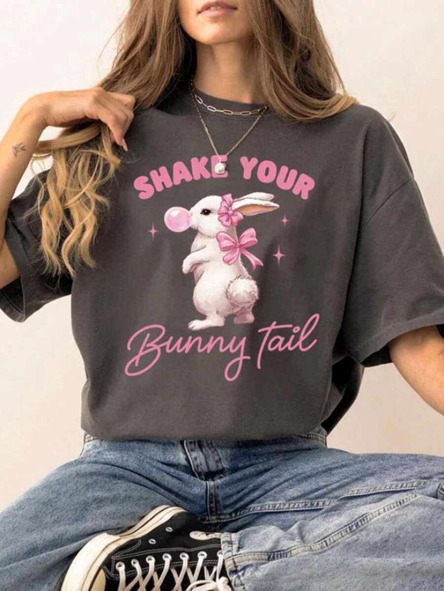 T-shirt femme Drôle de Pâques avec impression de lapin rose à bulles secouées, col rond, manches courtes, blouse de sport pour dame, convient pour les jours fériés et l'usage quotidien