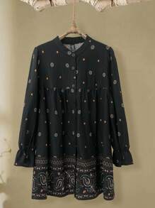 Lacomfia Plus Size Black Embroidered Dress For Women: Floral Print Arabian Style Tunic Top