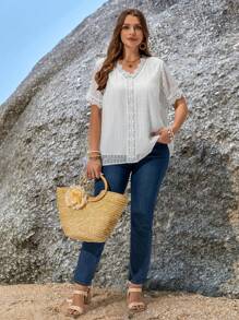 EMERY ROSE Blusa casual de verano con cuello en V, unicolor, parche de encaje, estilo bohemio, para mujer de talla grande - Blanco - Ver 6