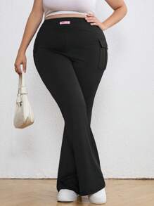 SHEIN Tall CURVE Plus Size Women Solid Color Elastic Flare Pants With Pockets, Summer For Women, Graphic Women, Concert Women, Rave Festival, Streetwear For Women, Graduation Women Pants - Black - View 6