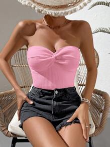 SHEIN VCAY Women's Baby Pink Strapless Knit Crop Top: Casual Sleeveless Summer Twist Front Knit Top - Baby Pink - View 1