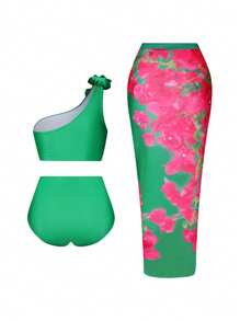 Swim Oasis Plus Size Women's Tropical Floral Print One Shoulder Ruffle Bikini Set & Chiffon Skirt, Summer Beach Resort Spring Break Hawaii Outfit - Green - View 4