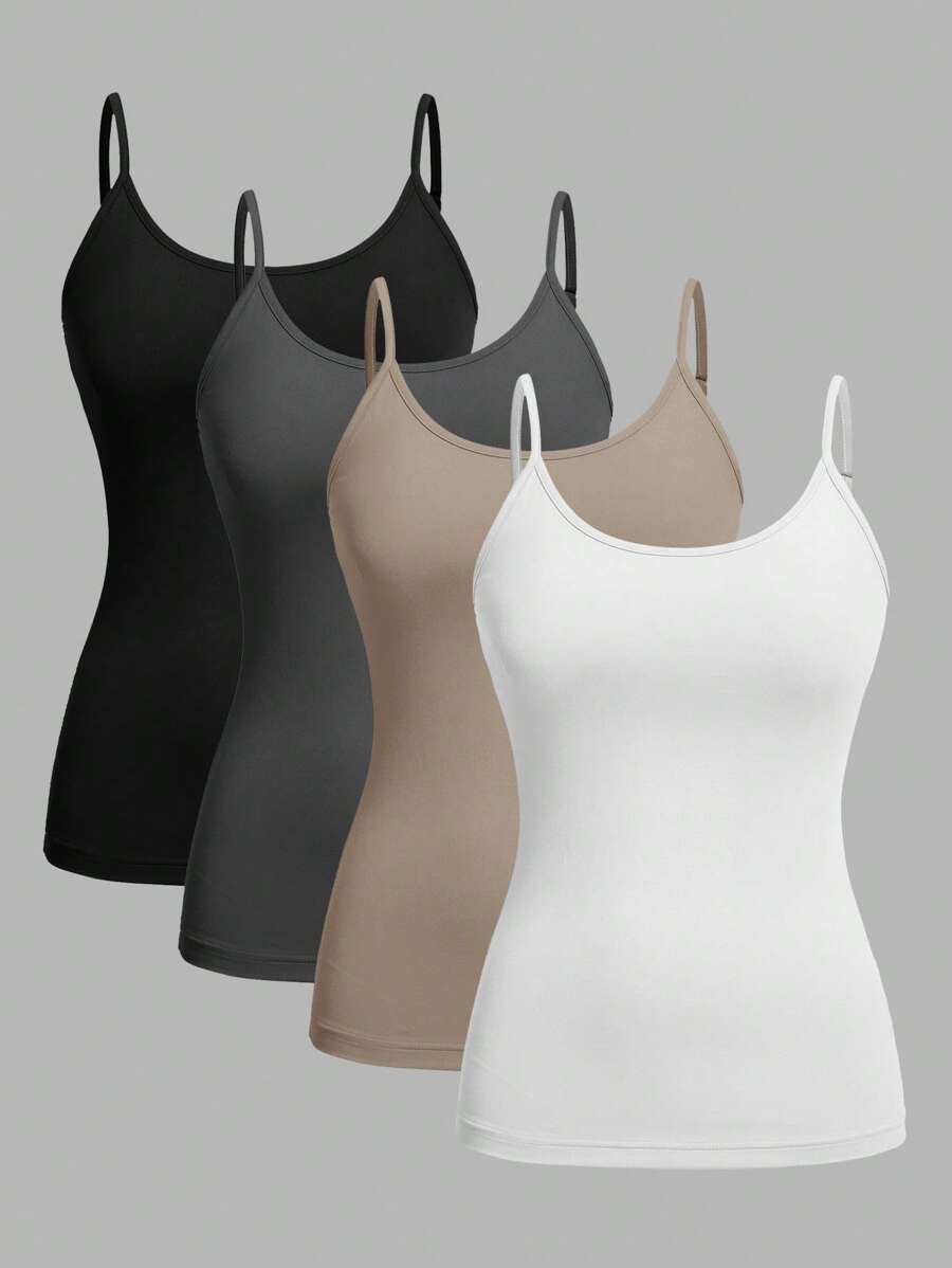 SHEIN EZwear 4pcs/Pack Casual Minimalist Cami Tank Tops For Women, Suitable For Summer