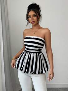 Breezaya Strapless Ruched Contrast Stripe Bandeau Peplum Tulle Top - Black and White - View 4