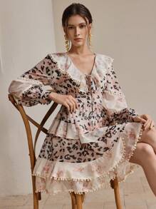 Anewsta 春季优雅女士拼布花卉印花荷叶边长袖短款度假连衣裙 - 杏色 - 查看 3