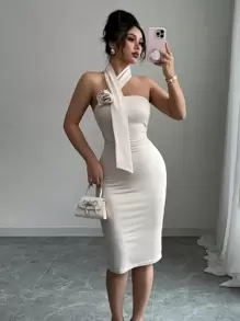 Chiquease Vestido elegante de cuello halter de unicolor y silueta delgada - Albaricoque - Ver 1