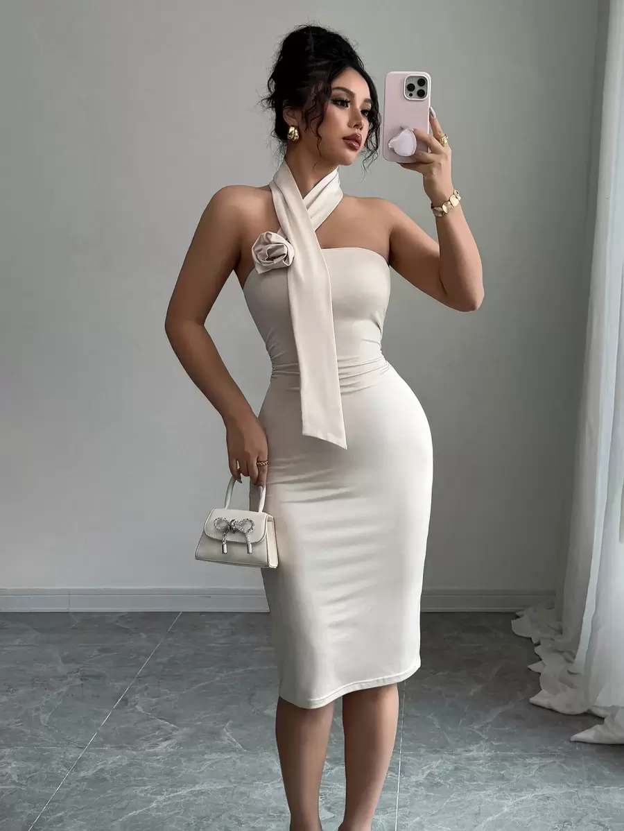 Chiquease Vestido elegante de cuello halter de unicolor y silueta delgada - Albaricoque - Ver 1