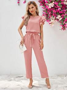 SHEIN Clasi 2pcs Women's Ruffle Collar Short Sleeve Blouse And Detachable Waist Belt Long Pants Set