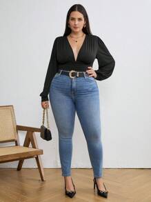 SHEIN Tall CURVE Plus Size Women Black Solid Color Ruffled Lantern Sleeve Adult Bodysuit, Summer Outfits For Women, Concert Outfit Women, Rave Outfits Festival, Streetwear For Women, Graduation Outfit Women - Black - View 7