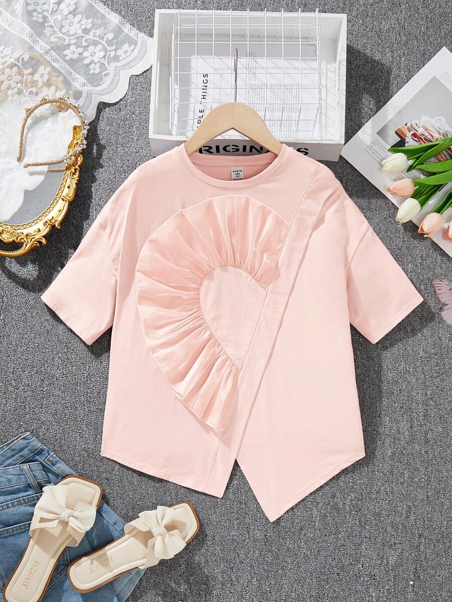 SHEIN Tween Girl Loose Cute Round Neck Pullover Split Ruffle Hem Short Sleeve T-Shirt - Baby Pink - View 1