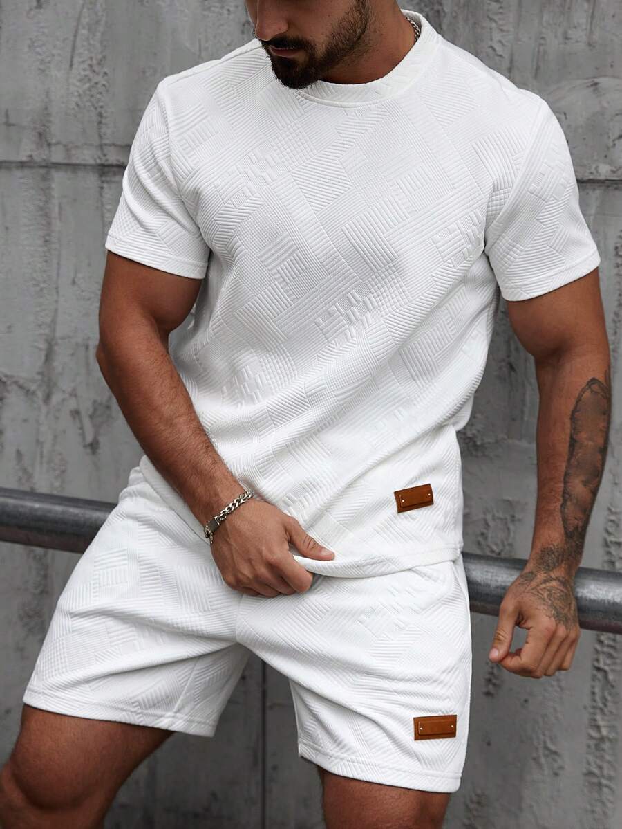 Manfinity Homme Men's Daily Dcasual Round Neck Short-Sleeved Shorts White Textured Fabric Two-Piece Suit, A Gift For Husband Or Boyfriend - White - View 1