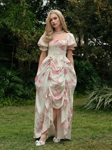 SHEIN MOD 复古图案印花泡泡袖长裙，配有精致的褶边和抽绳，可调节下摆长度，华丽的宫廷风格，约会、派对、节日、茶会、生日装