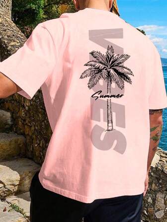 Manfinity Chillmode Men's Leisure Vacation Coconut Tree & Letter Print T-Shirt Summer T Shirts Men Summer Tshirts T Shirts Graphic