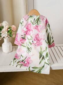 1 件装女婴 V 领长袖休闲连衣裙，简约时尚，适合夏季 - 彩色 - 查看 3