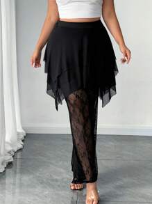 SHEIN Clasi Pantalones burdeos de encaje asimétricos informales en talla grande