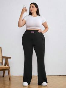 SHEIN Tall CURVE Plus Size Women Solid Color Elastic Flare Pants With Pockets, Summer For Women, Graphic Women, Concert Women, Rave Festival, Streetwear For Women, Graduation Women Pants - Black - View 3