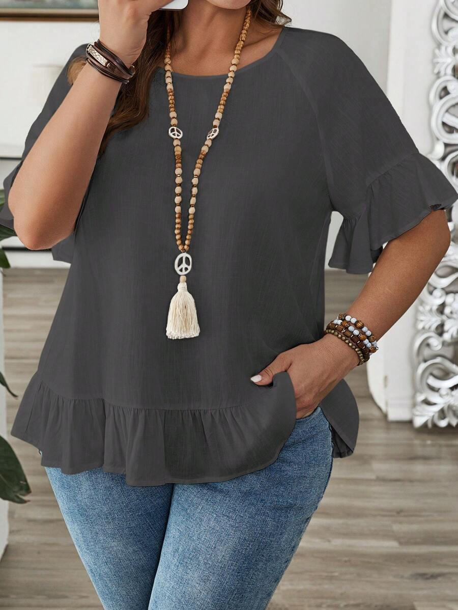 EMERY ROSE Plus Size Solid Color Round Neck Short Sleeve Simple Shirt, Fashionable For Summer Country Spring Outfits For Women Summer Outfits For Women Boho Women Clothing - Grey - View 1