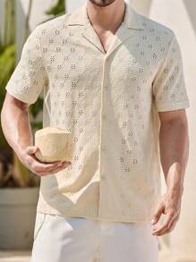 Manfinity RelaxMax 男士度假休闲纯色镂空刺绣衬衫男夏季衬衣男