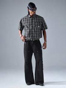 NEON BLANC 男士街头风格宽松编织刺绣牛仔长裤 - 黑色 - 查看 1