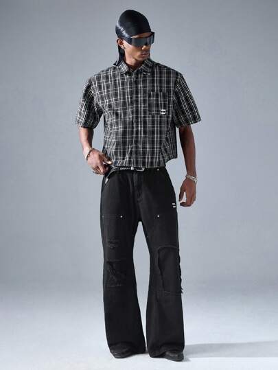 NEON BLANC 男士街头风格宽松编织刺绣牛仔长裤