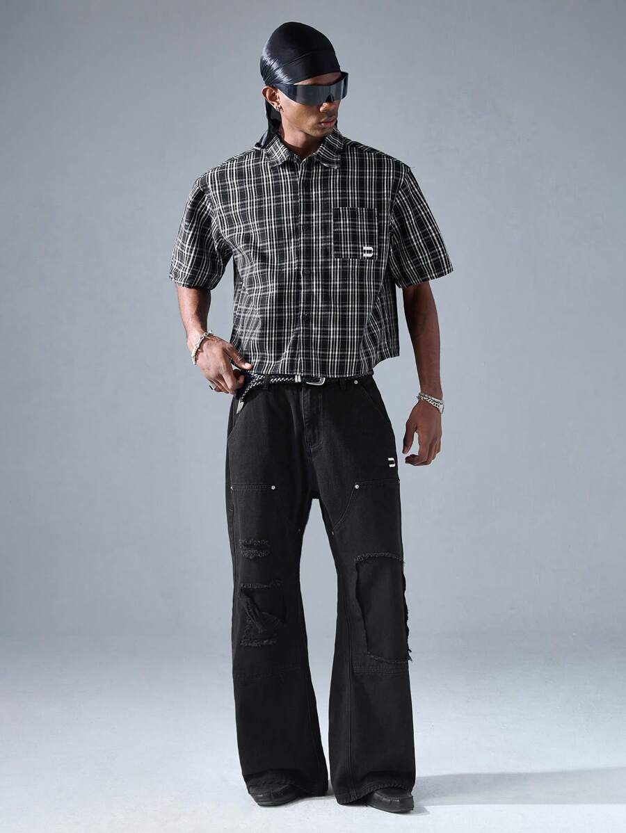 NEON BLANC 男士街头风格宽松编织刺绣牛仔长裤 - 黑色 - 查看 1