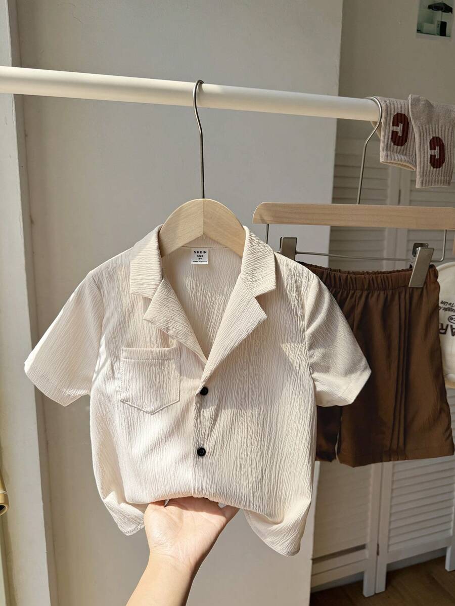 SHEIN 2件套男童度假短袖衬衫和褶皱短裤套装 - 卡其色 - 查看 1
