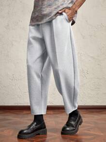 AKNOTIC Business Casual 男士灰色针织宽松 O 型环哈伦裤，休闲松紧腰带，金属板细节，适合秋冬季日常穿着 - 淺灰色 - 查看 4