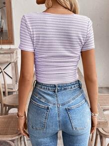 SHEIN Frenchy Áo thun nữ sọc tương phản dây rút tối giản cơ bản - Màu tím hoa cà - Xem 2