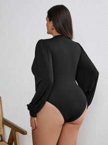 SHEIN Tall CURVE Plus Size Women Black Solid Color Ruffled Lantern Sleeve Adult Bodysuit, Summer Outfits For Women, Concert Outfit Women, Rave Outfits Festival, Streetwear For Women, Graduation Outfit Women - Black - View 2