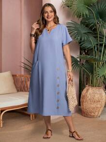 EMERY ROSE Vestido casual con bolsillo, de cuello en V y mangas cortas, para mujer de tallas grandes