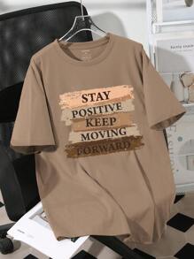 Plus Size Summer Casual Slogan Print Short Sleeve T-Shirt - Mocha Brown - View 1